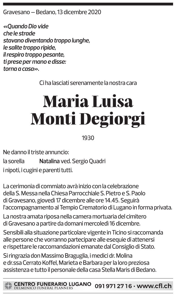 Annuncio funebre Maria Luisa Monti Degiorgi