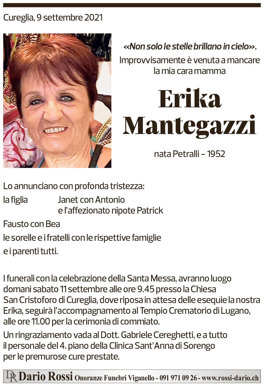 Annuncio funebre Erika Mantegazzi