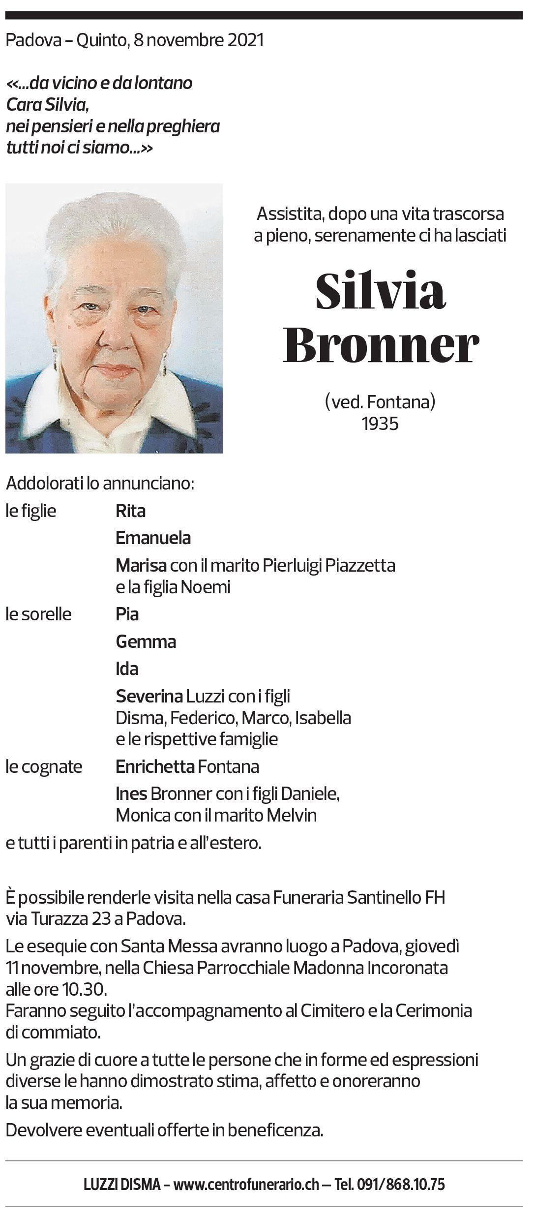 Annuncio funebre Silvia Bronner