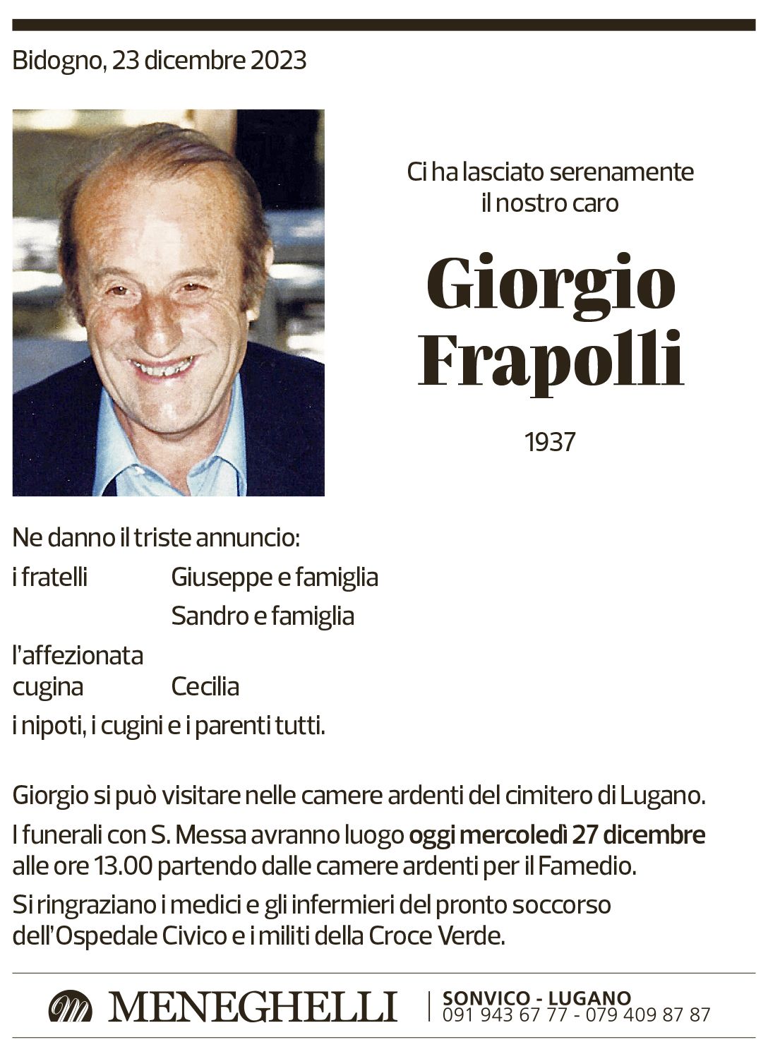 Annuncio funebre Giorgio Frapolli