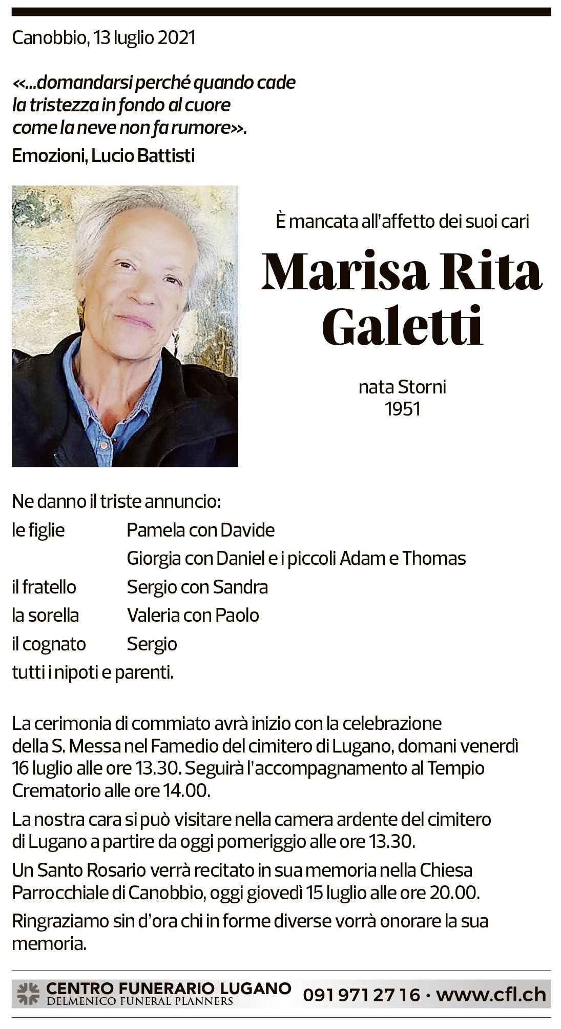 Annuncio funebre Marisa Rita