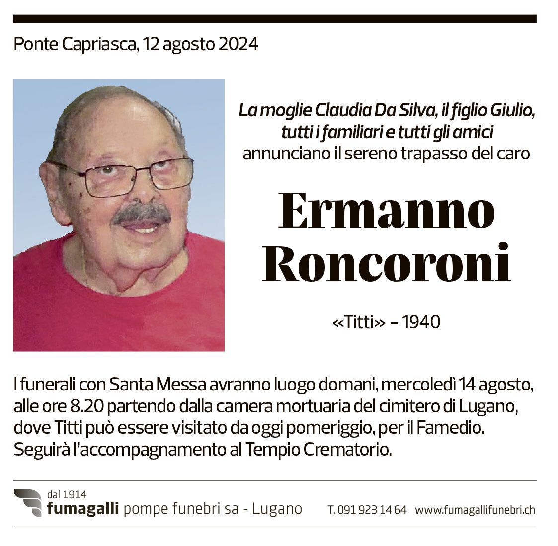 Annuncio funebre Ermanno Roncoroni