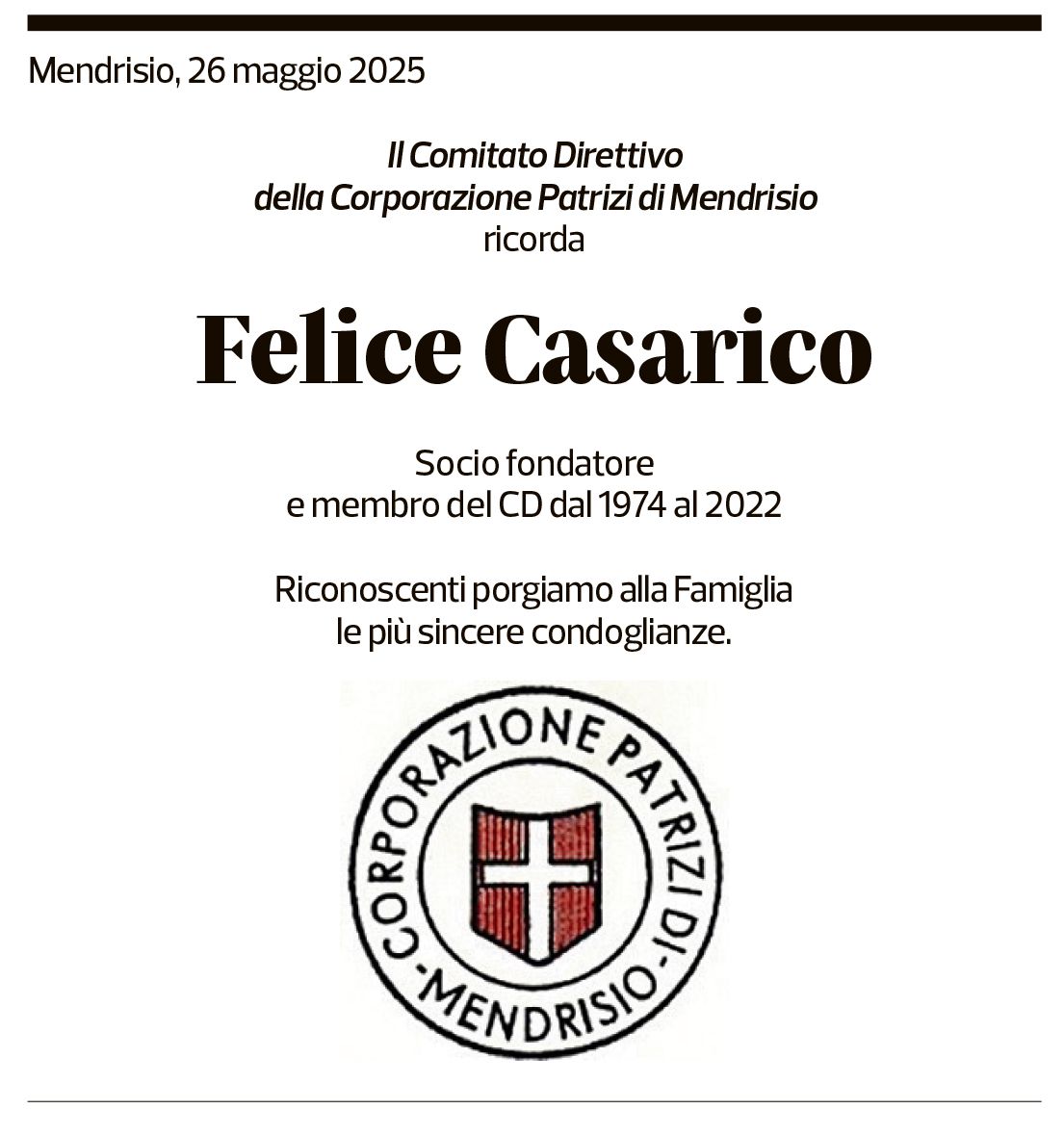 Annuncio funebre Felice Casarico
