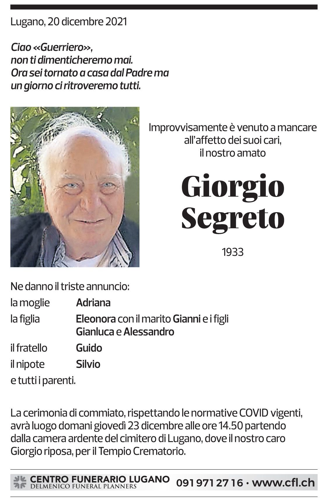 Annuncio funebre Giorgio Segreto