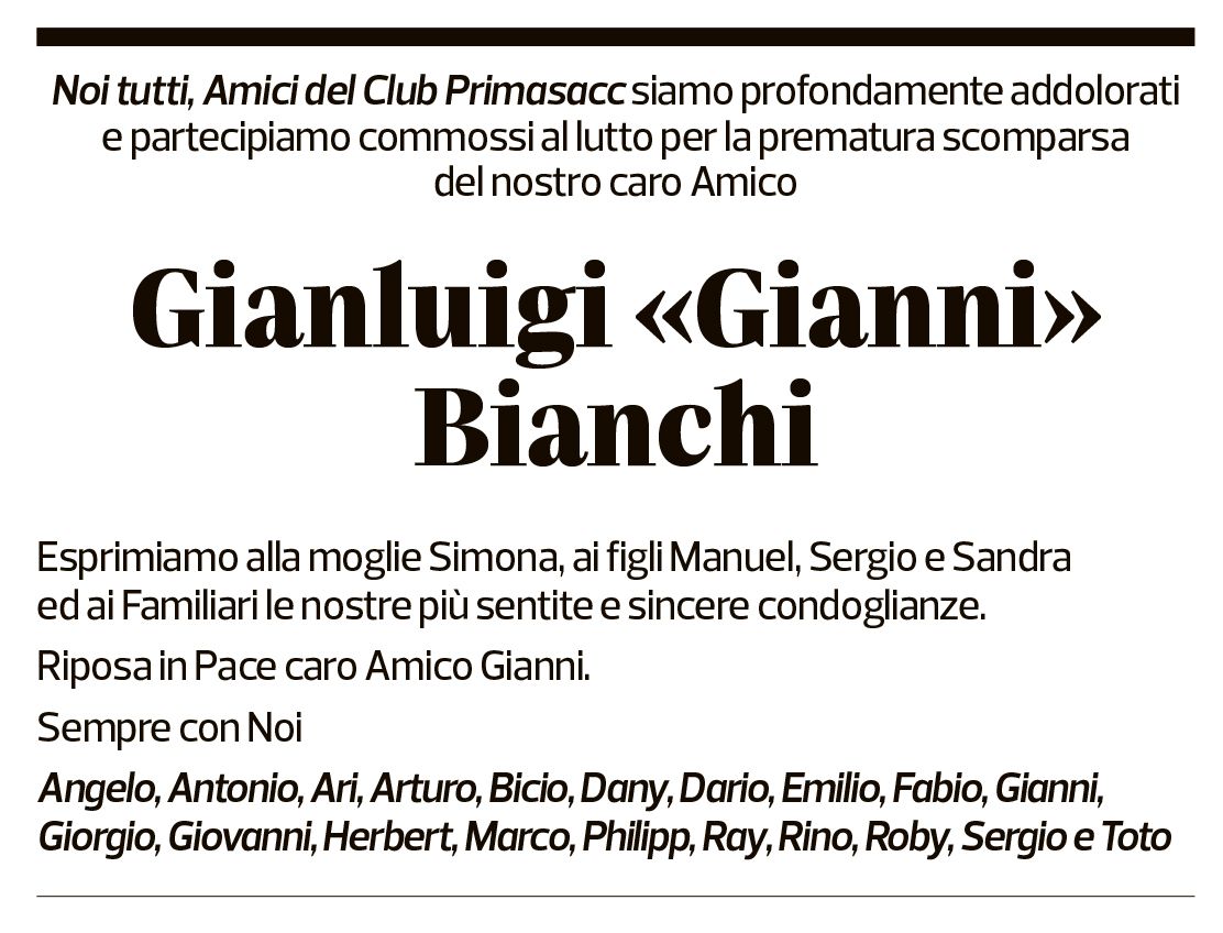 Annuncio funebre Gianni Gianluigi Bianchi