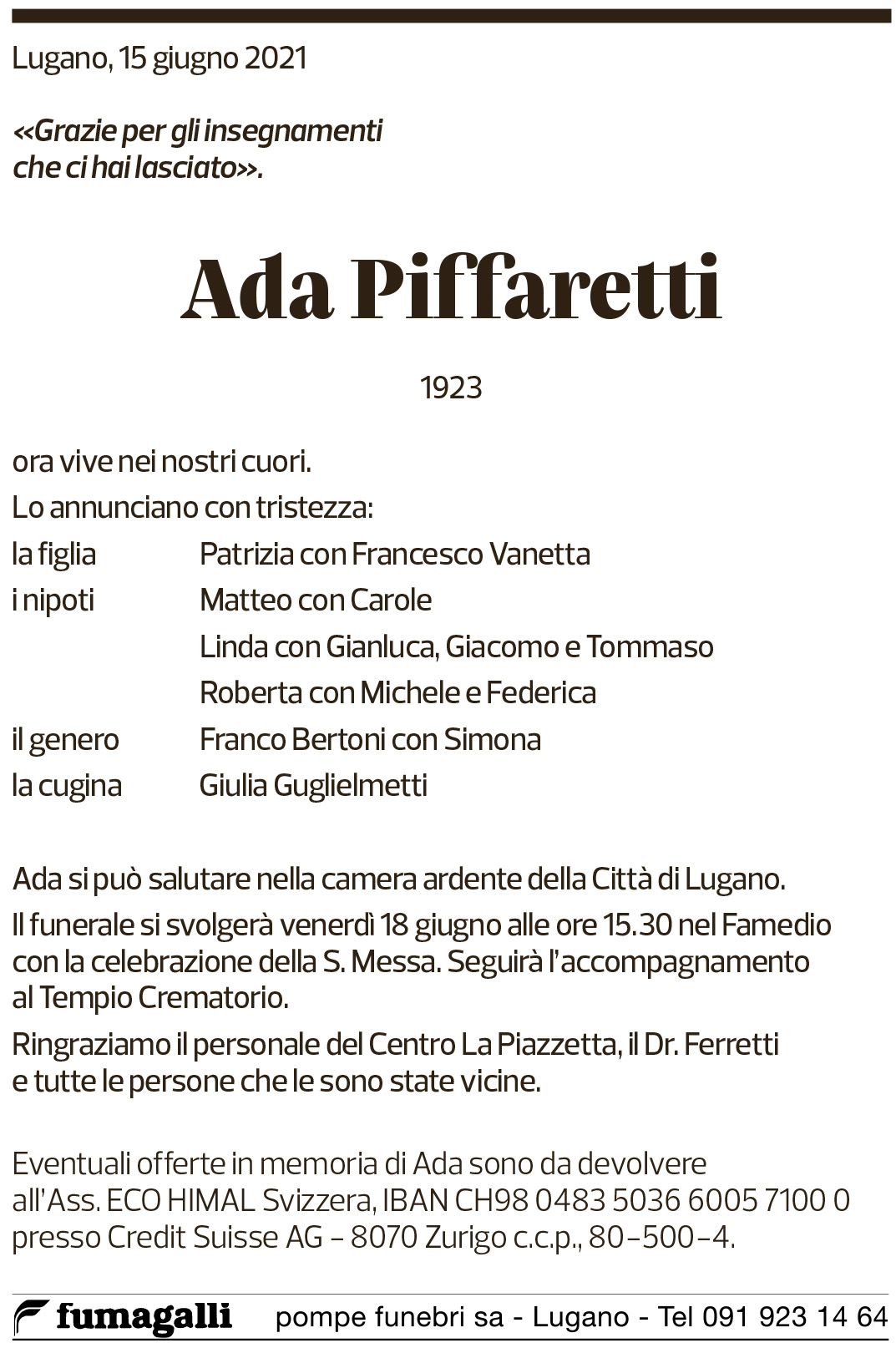 Annuncio funebre Ada Piffaretti