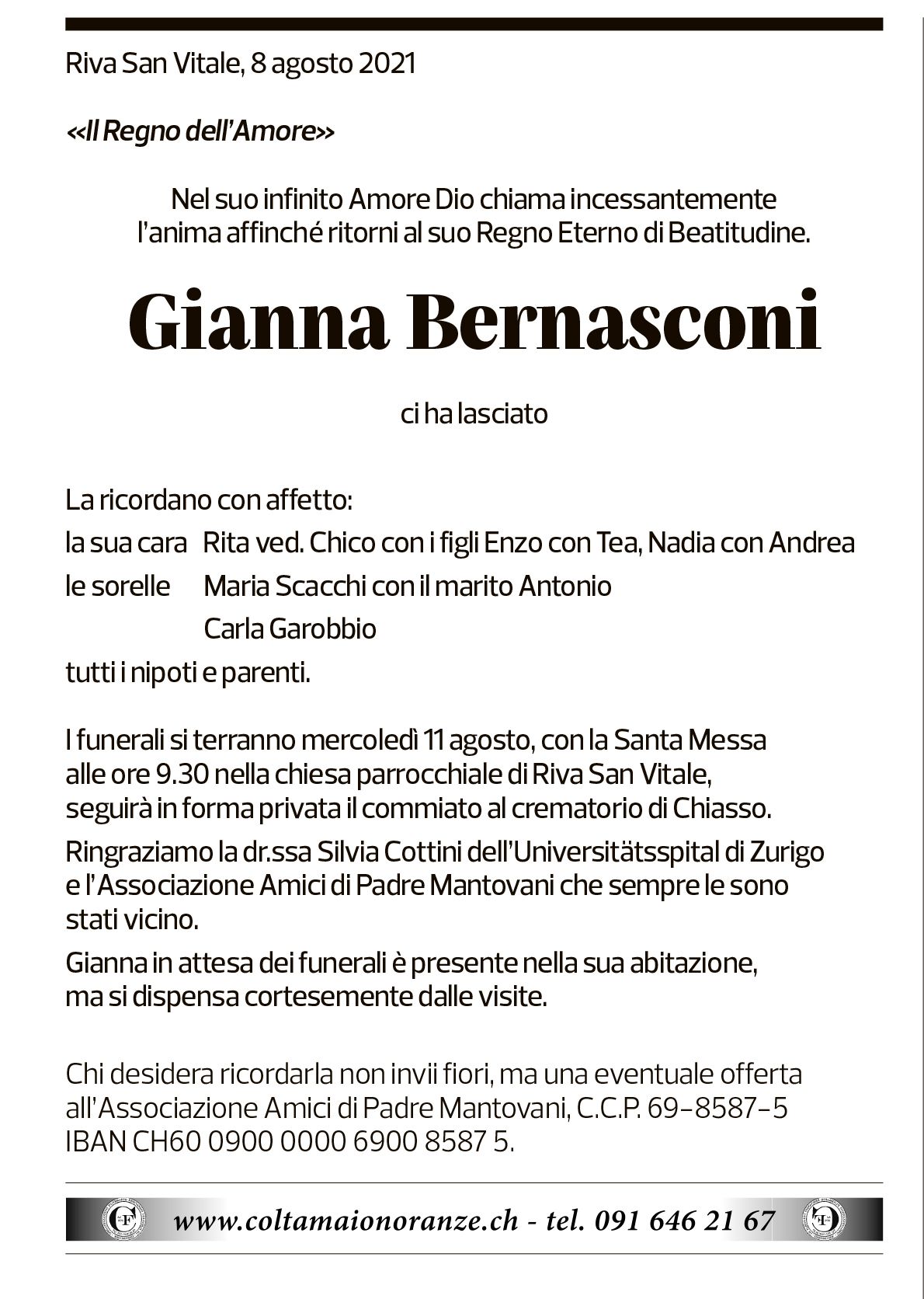 Annuncio funebre Gianna Bernasconi