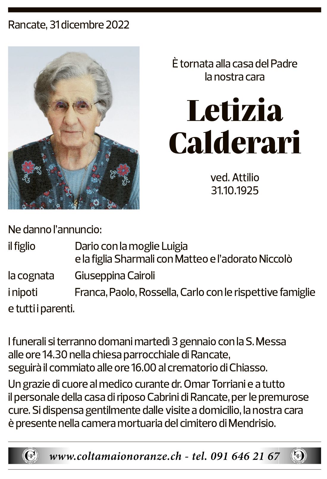 Annuncio funebre Letizia Calderari