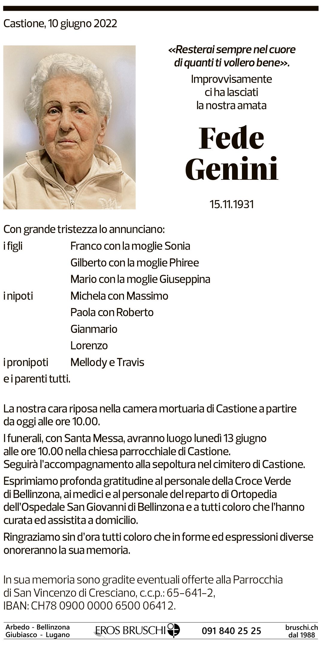 Annuncio funebre Fede Genini