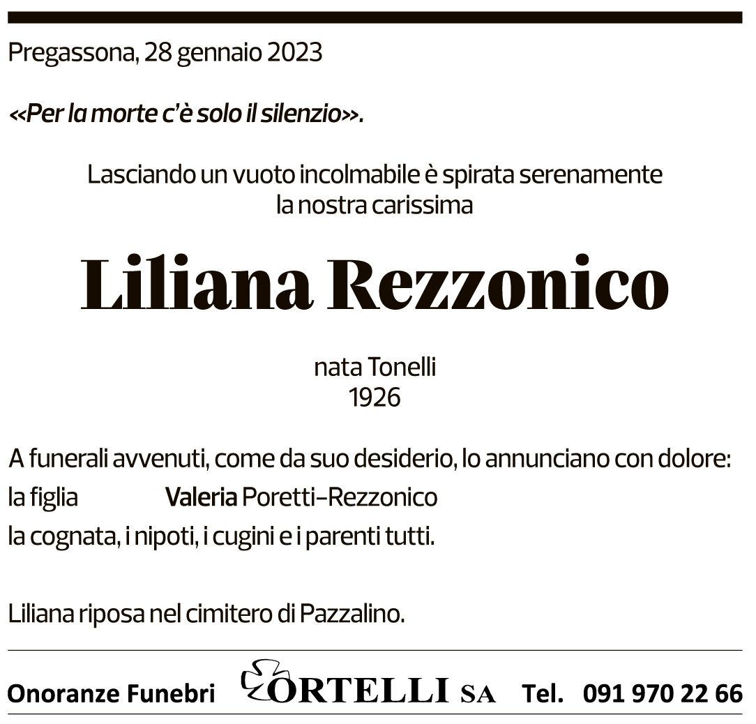 Annuncio funebre Liliana Rezzonico