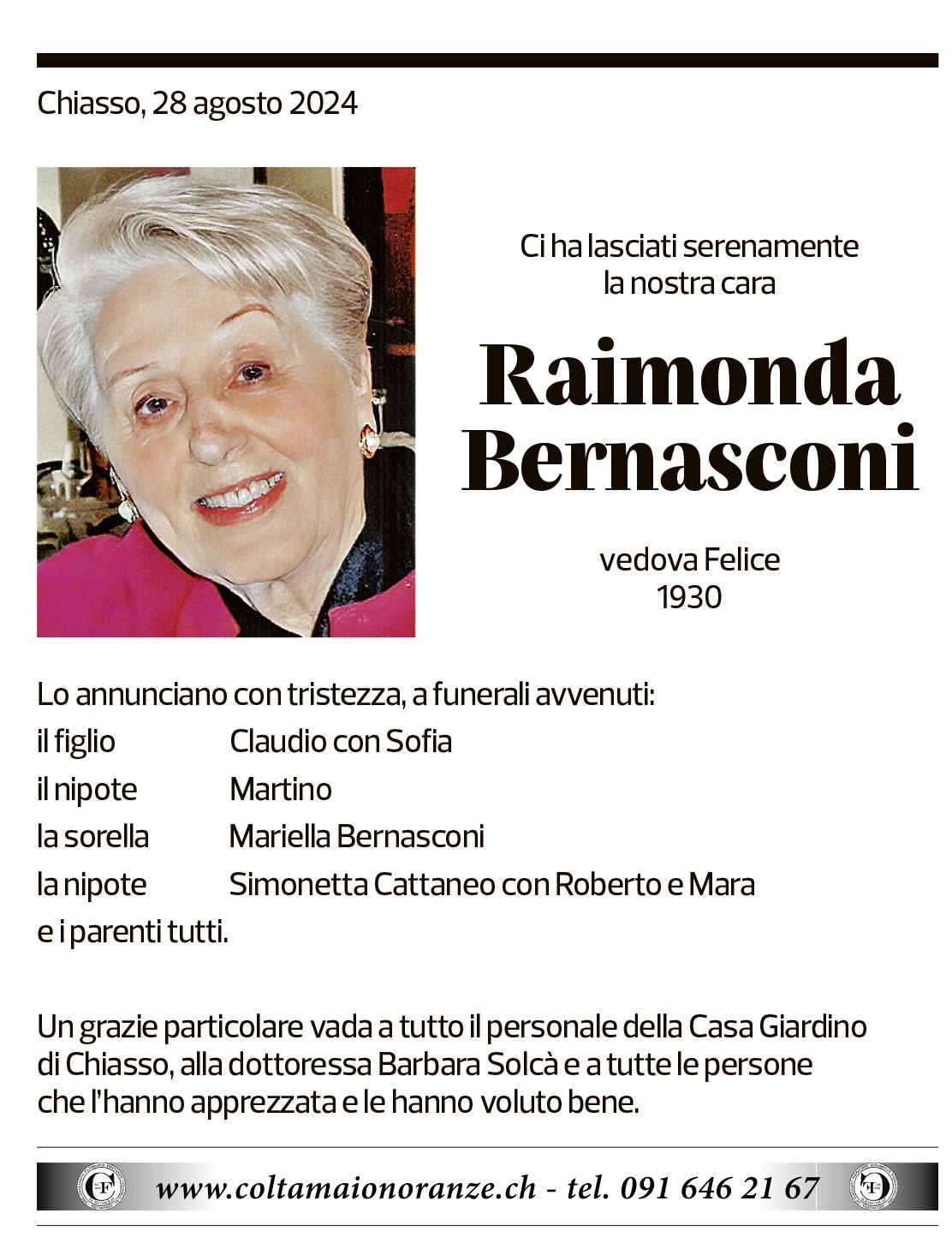 Annuncio funebre Raimonda Bernasconi