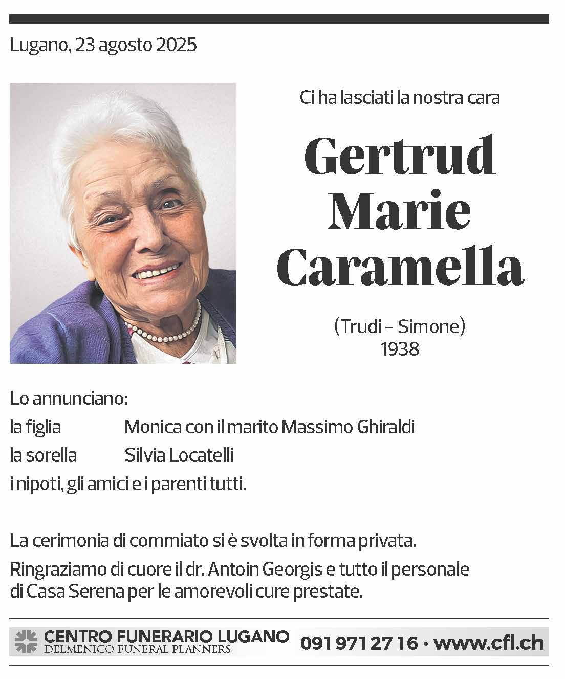 Annuncio funebre Gertrud Marie Caramella