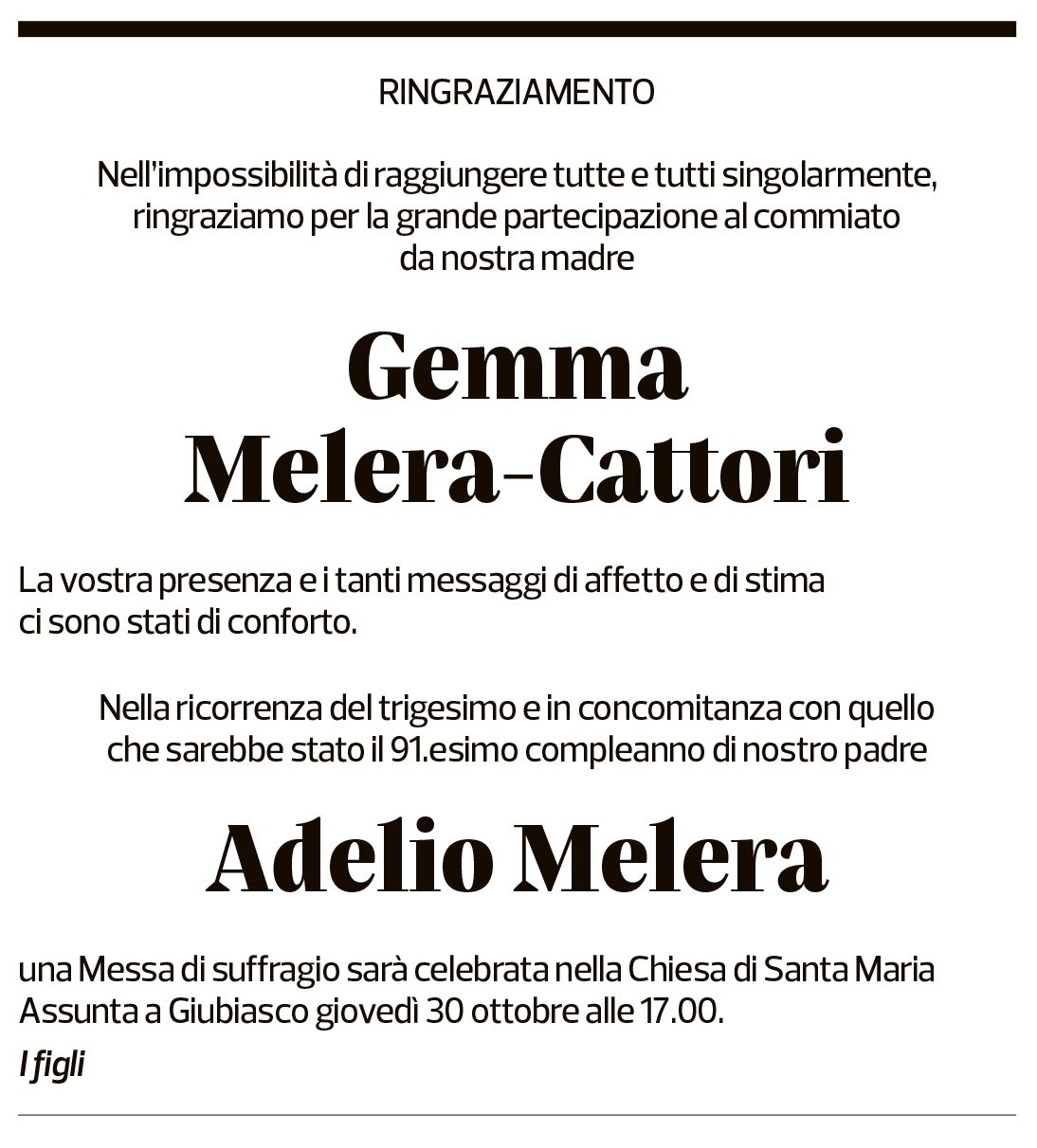 Annuncio funebre Gemma Melera-cattori