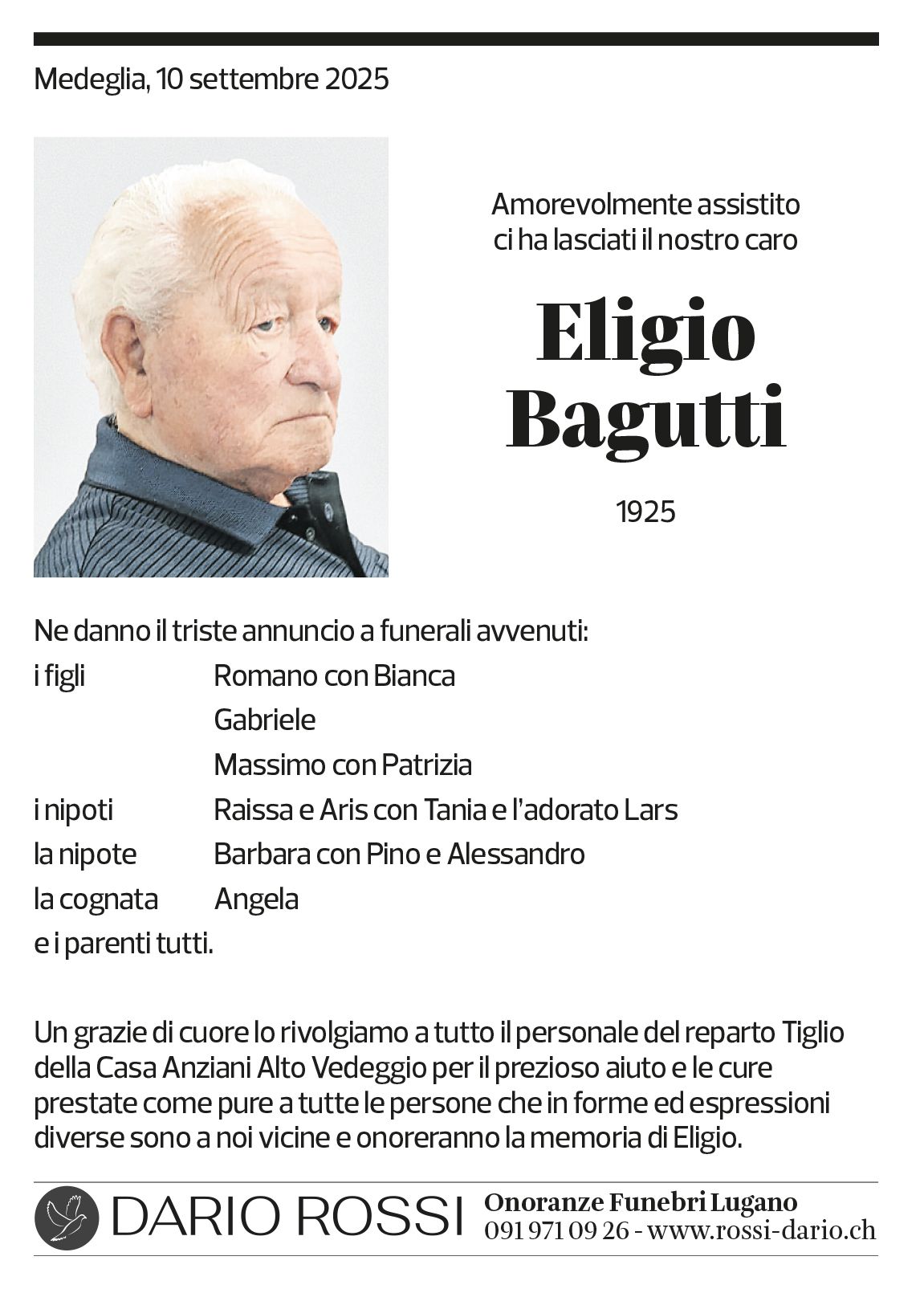 Annuncio funebre Eligio Bagutti