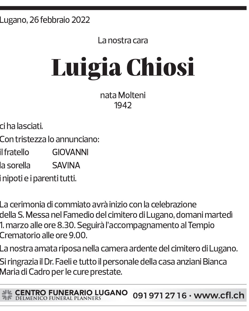 Annuncio funebre Luigia Chiosi