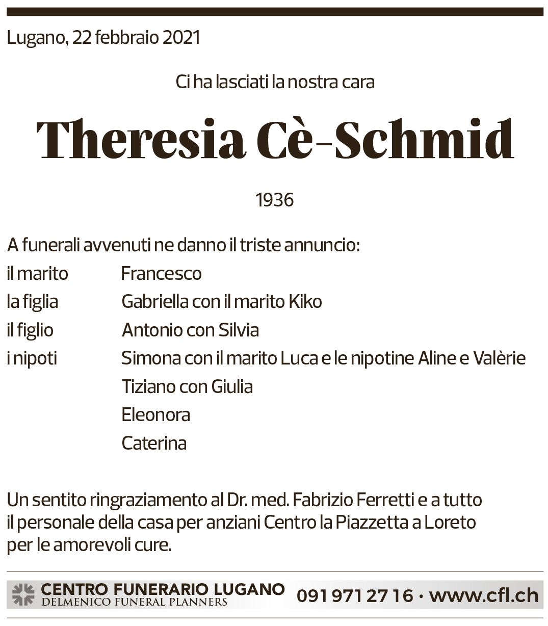 Annuncio funebre Theresia Cè-schmid