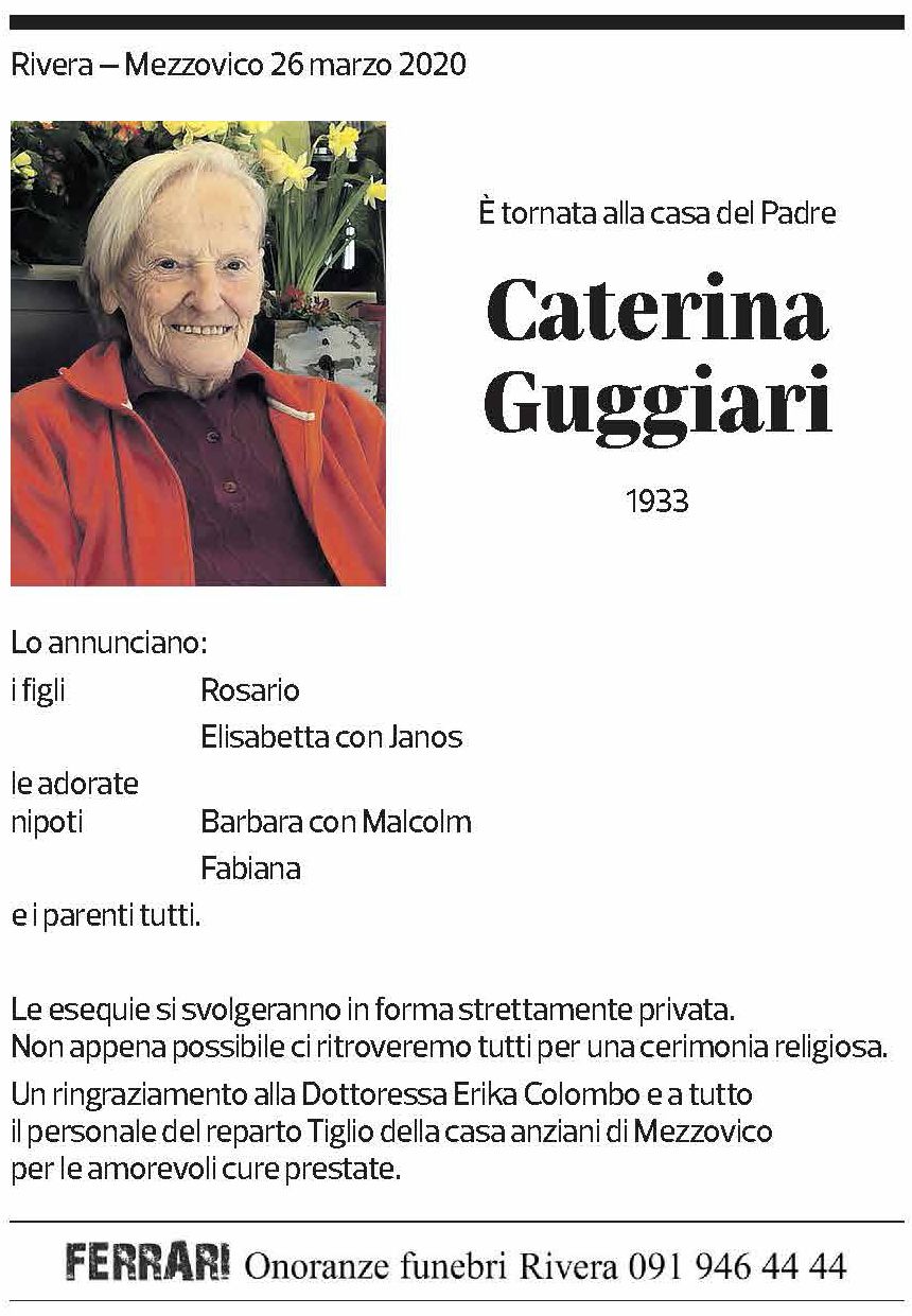 Annuncio funebre Caterina Guggiari