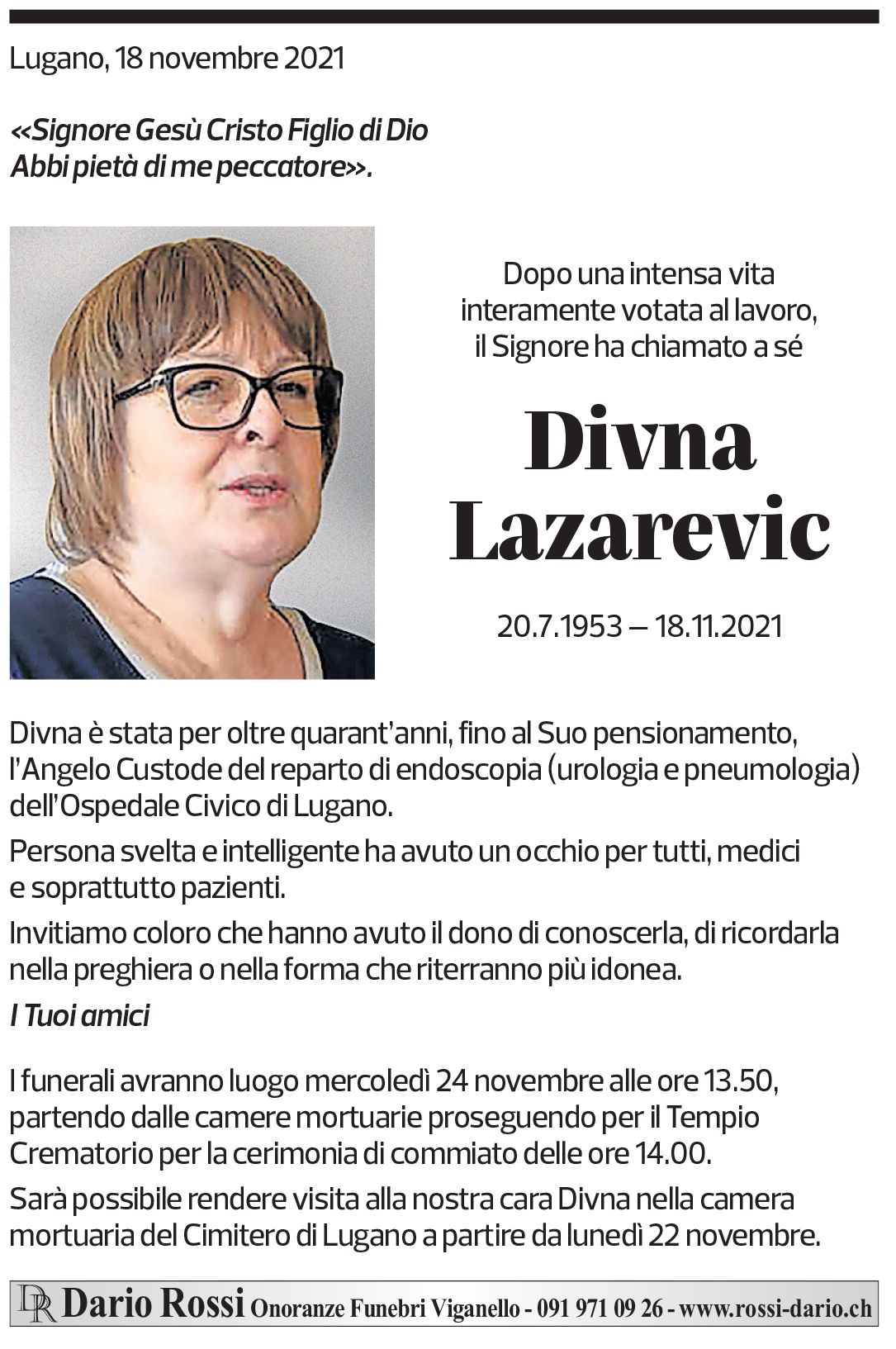 Annuncio funebre Divna Lazarevic