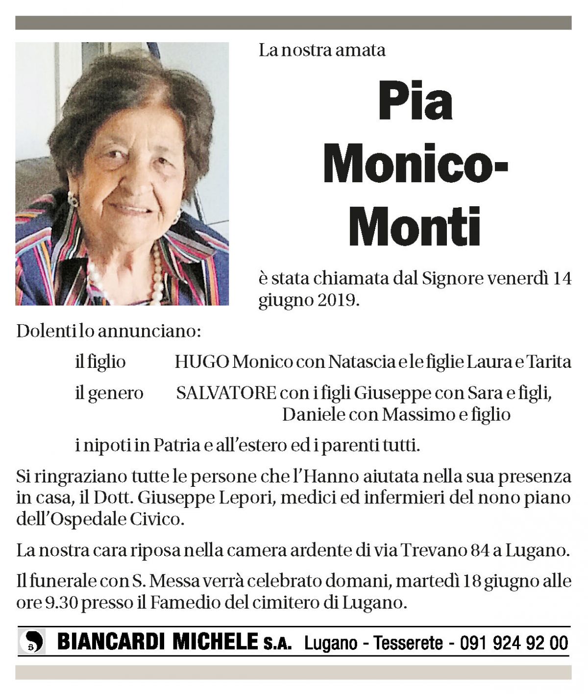 Annuncio funebre Pio Monico-monti