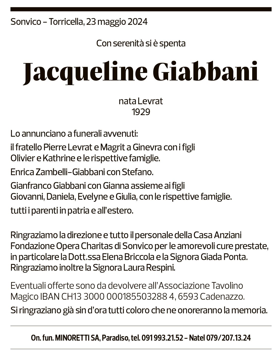 Annuncio funebre Jacqueline Giabbani