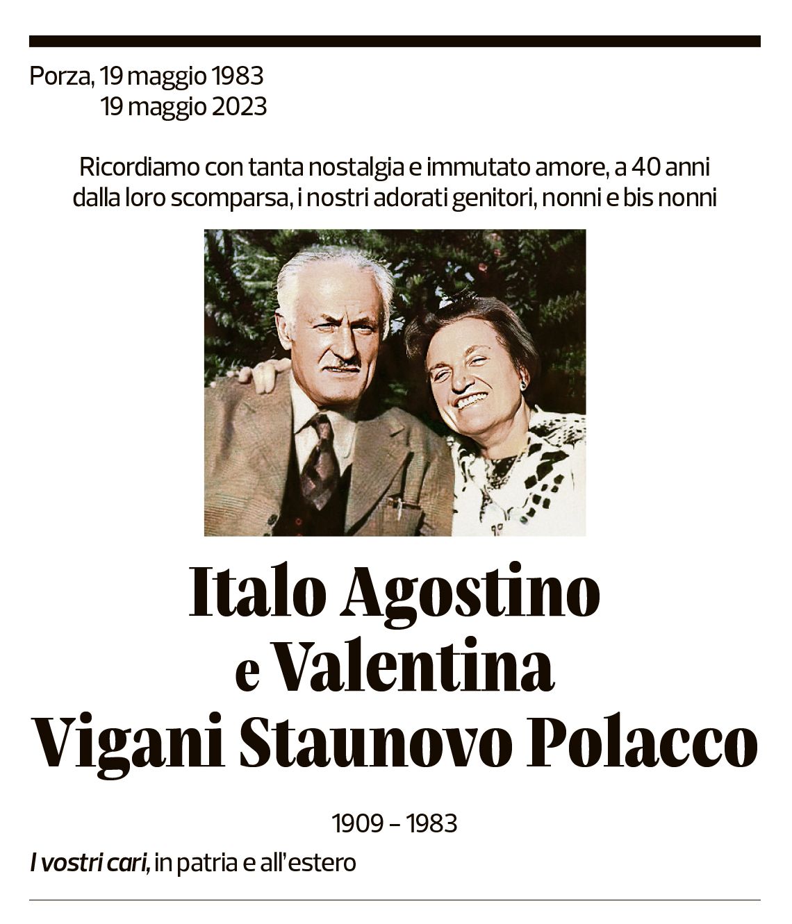 Annuncio funebre Italo Agostino E Valentina Vigani Staunovo Polacco