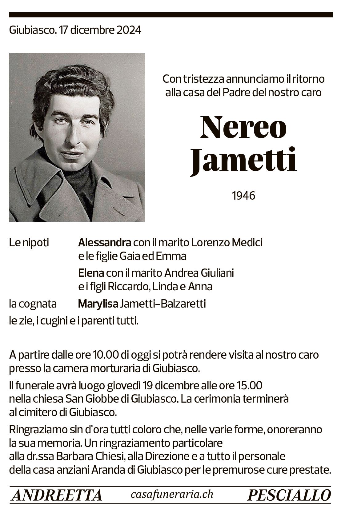 Annuncio funebre Nereo Jametti