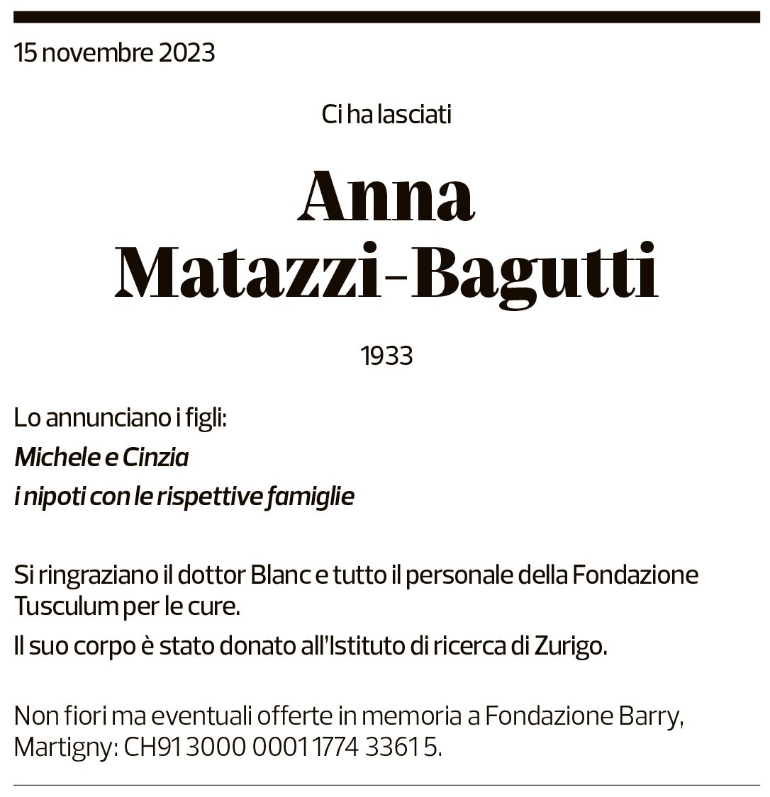 Annuncio funebre Anna Matazzi-bagutti