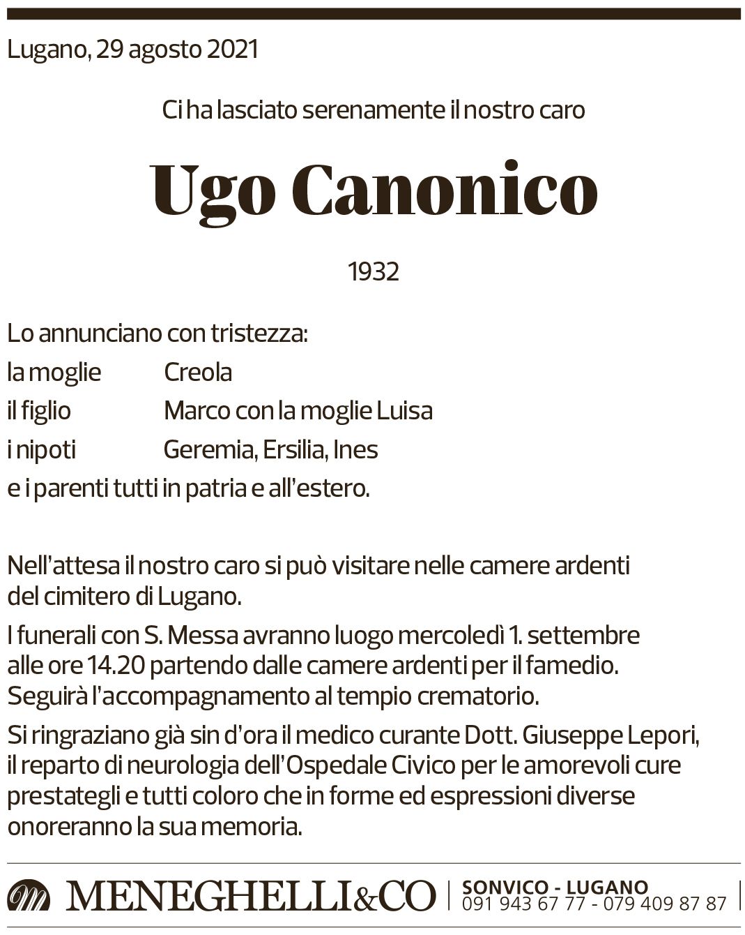 Annuncio funebre Ugo Canonico