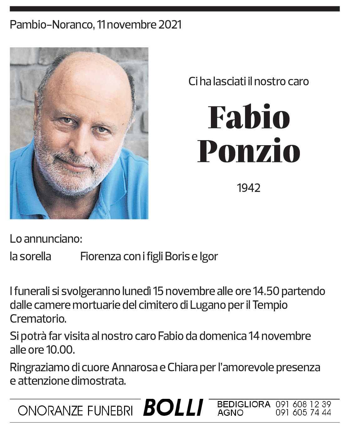 Annuncio funebre Fabio Ponzio