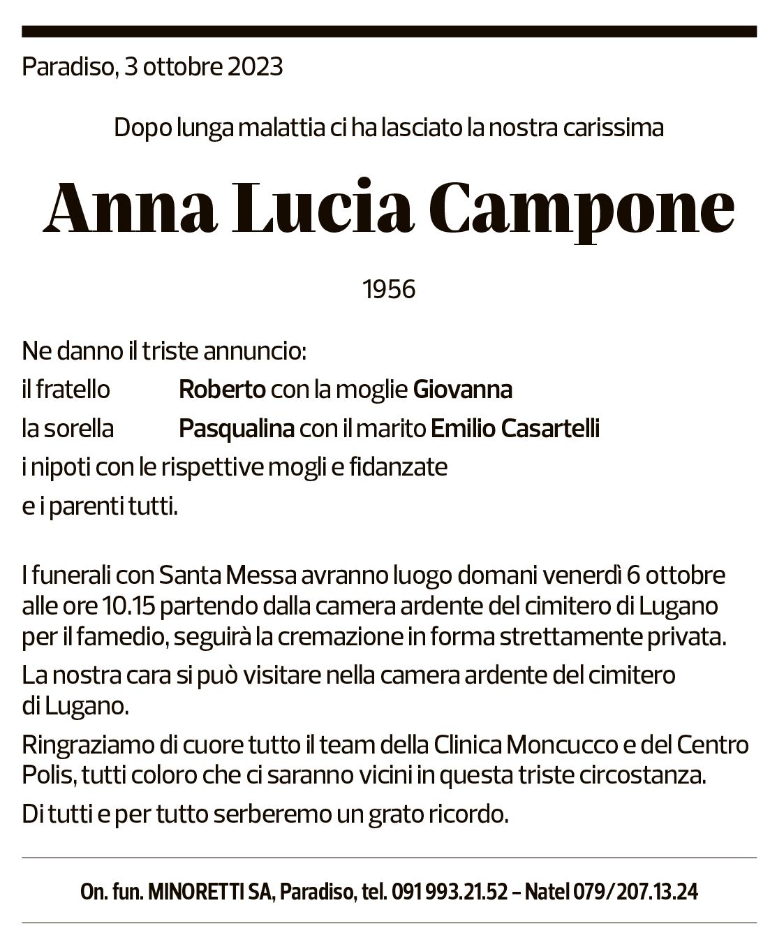 Annuncio funebre Anna Lucia Campone