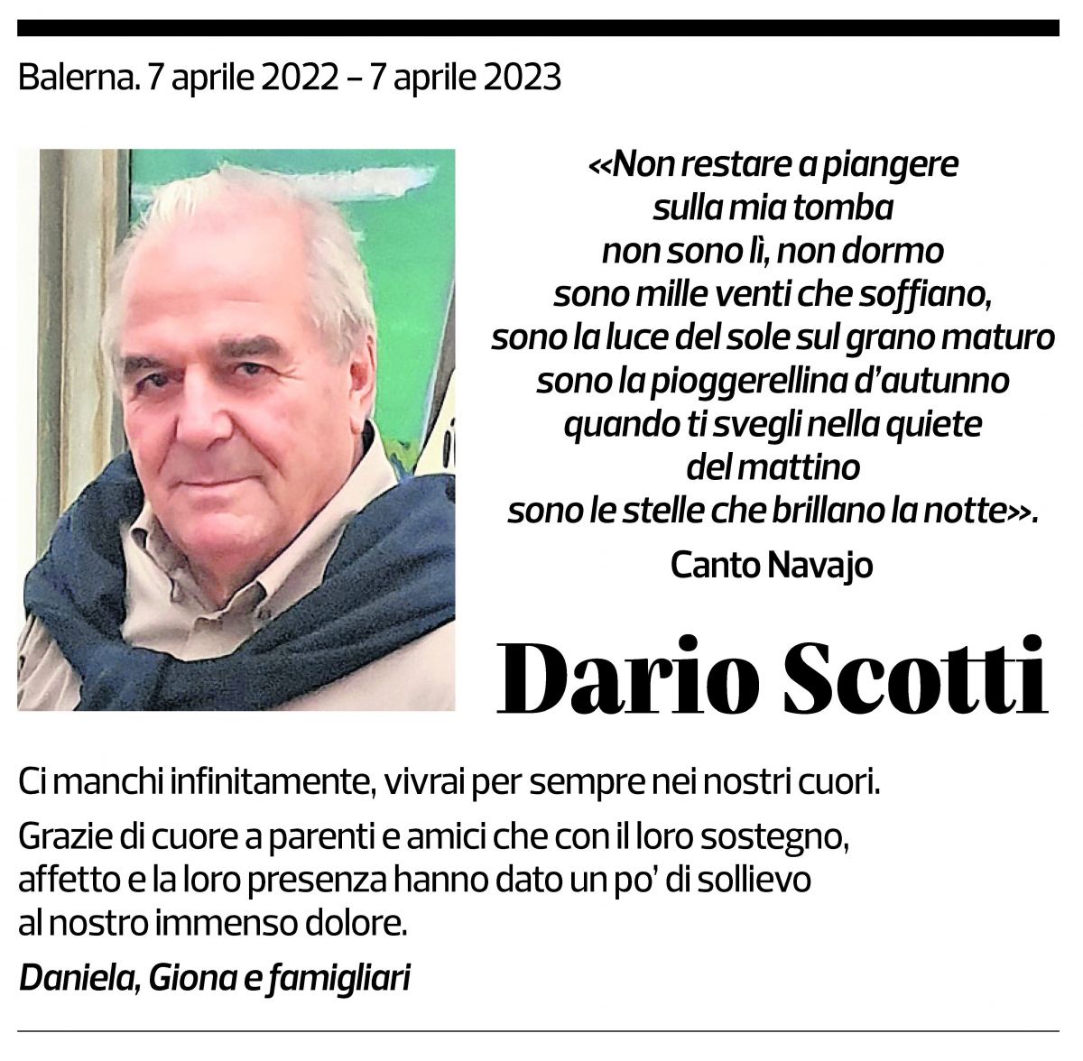 Annuncio funebre Dario Scotti