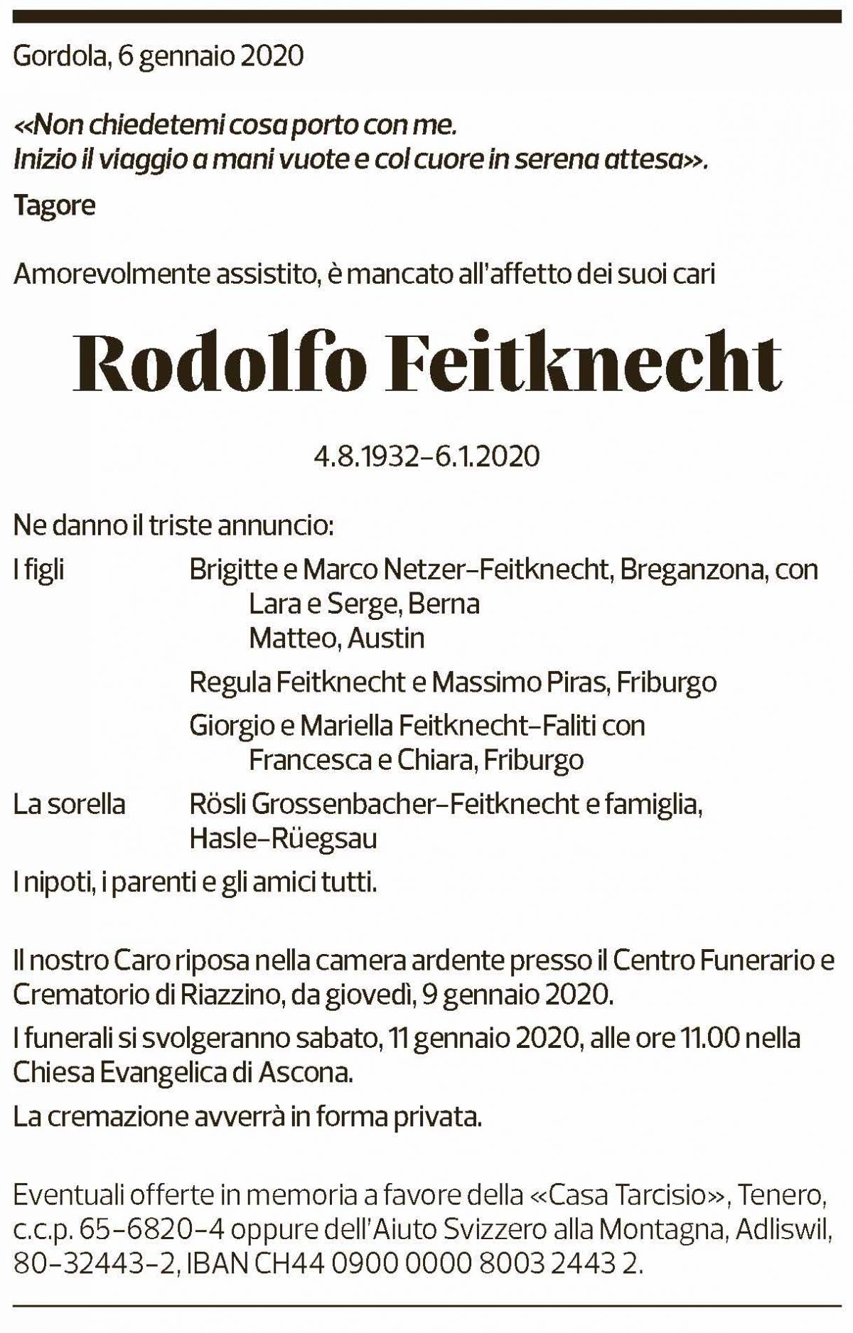 Annuncio funebre Rodolfo Feitknecht