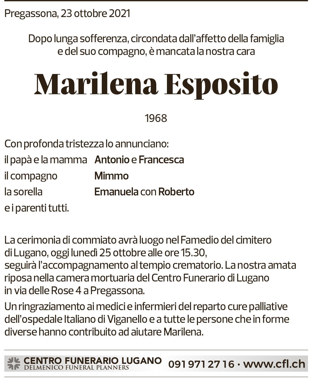 Annuncio funebre Marilena Esposito