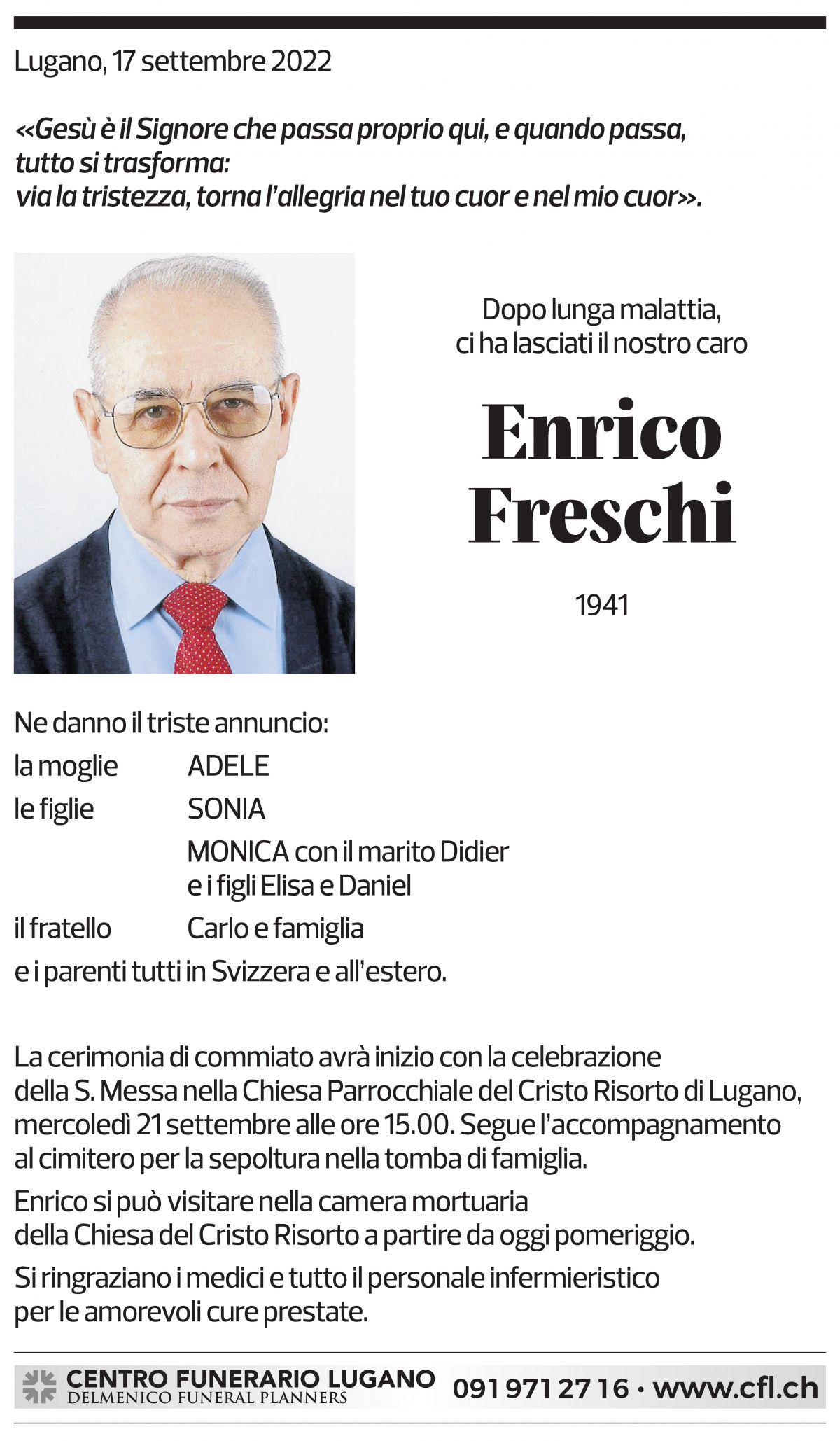 Annuncio funebre Enrico Freschi