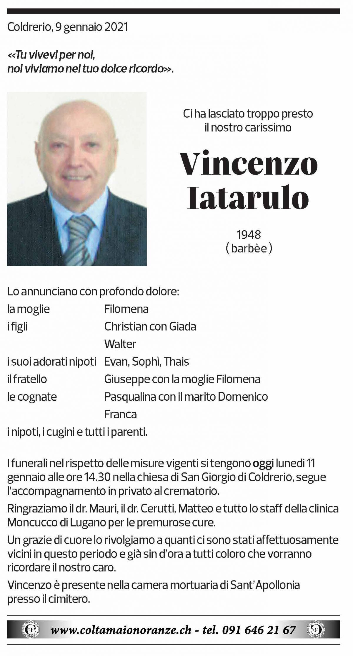 Annuncio funebre Vincenzo Iatarulo