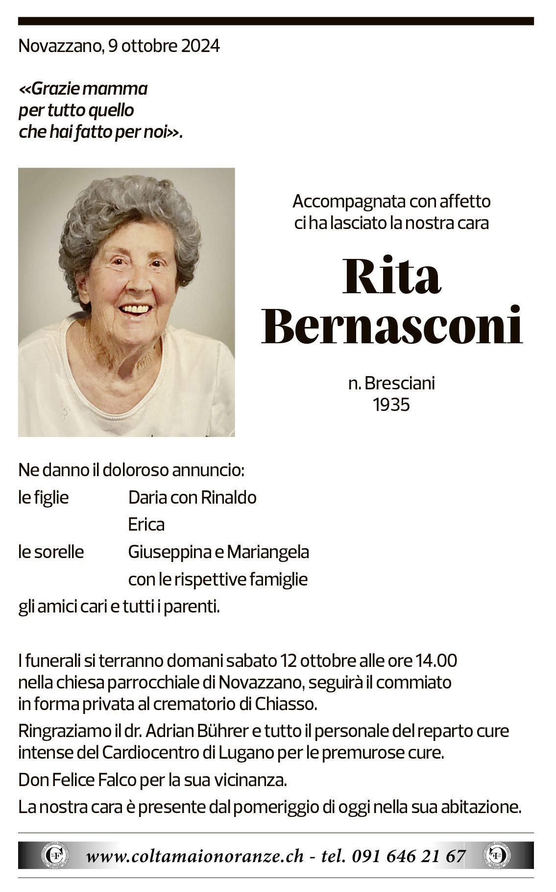 Annuncio funebre Rita Bernasconi