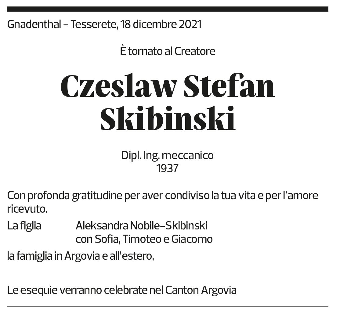 Annuncio funebre Czeslaw Stefan Skibinski