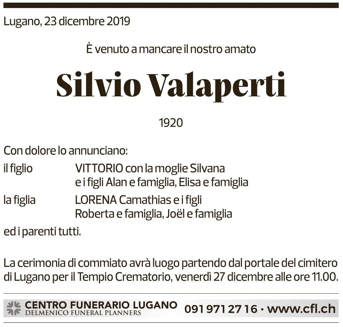 Annuncio funebre Silvio Valaperti