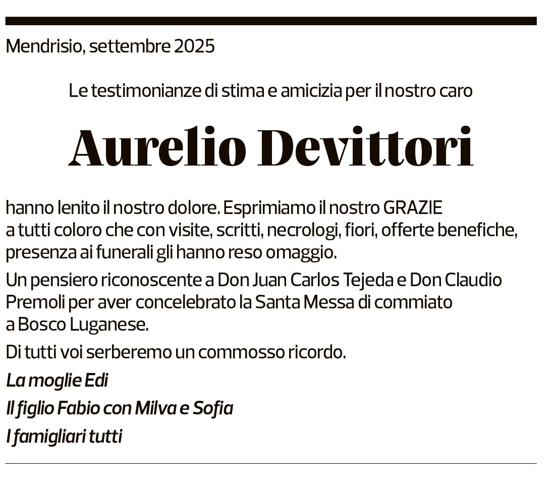Annuncio funebre Aurelio Devittori