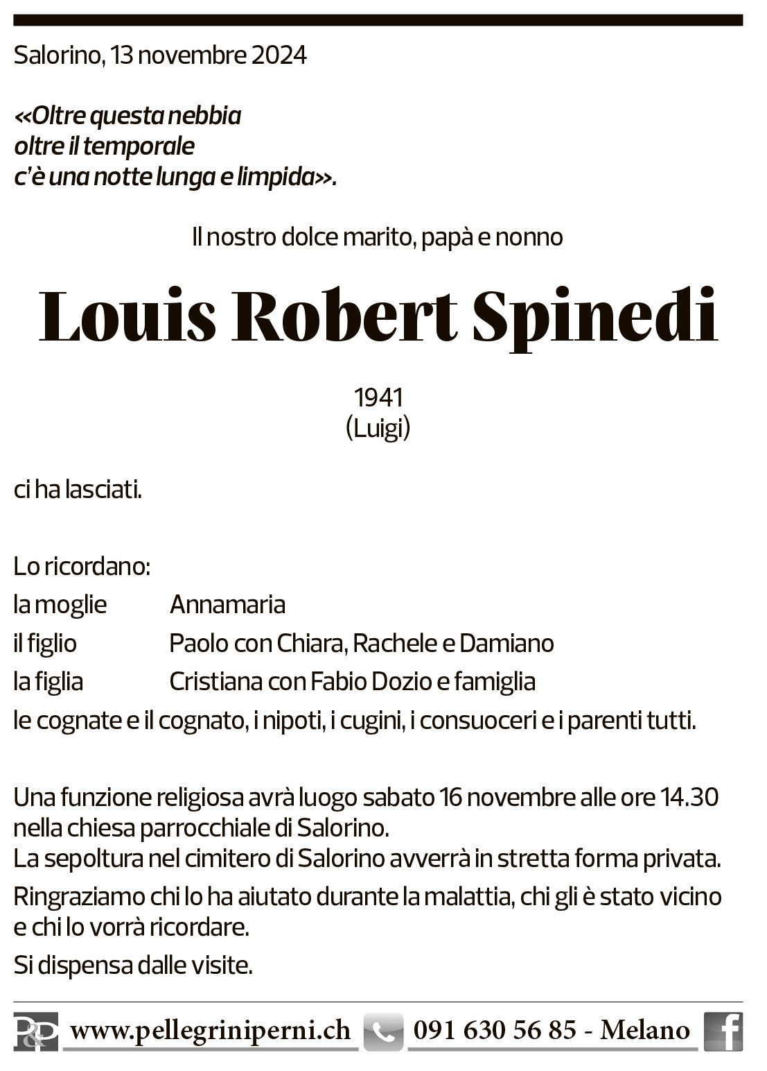 Annuncio funebre Louis Robert Spinedi