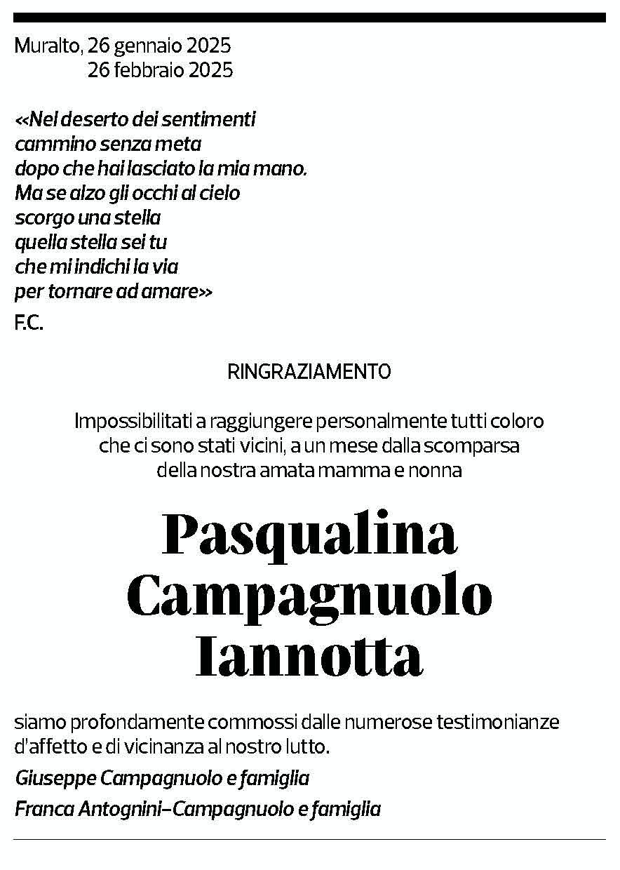 Annuncio funebre Pasqualina Campagnuolo Iannotta