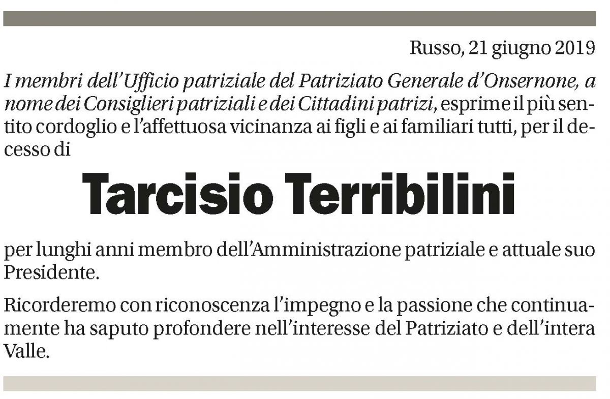 Annuncio funebre Tarcisio Terribilini