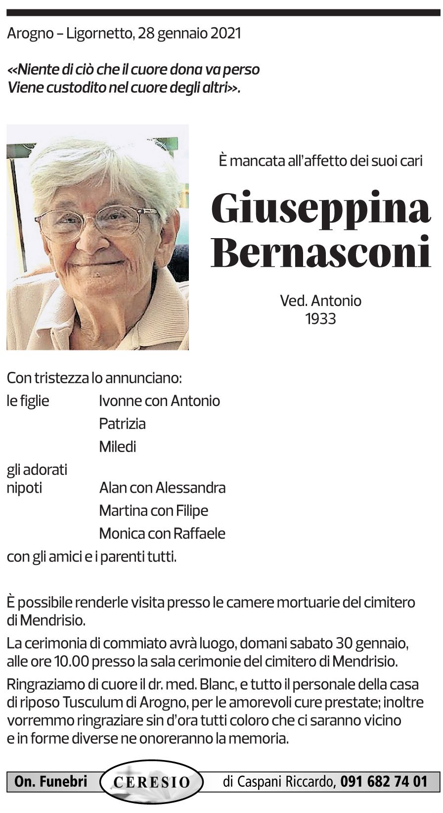 Annuncio funebre Giuseppina Bernasconi