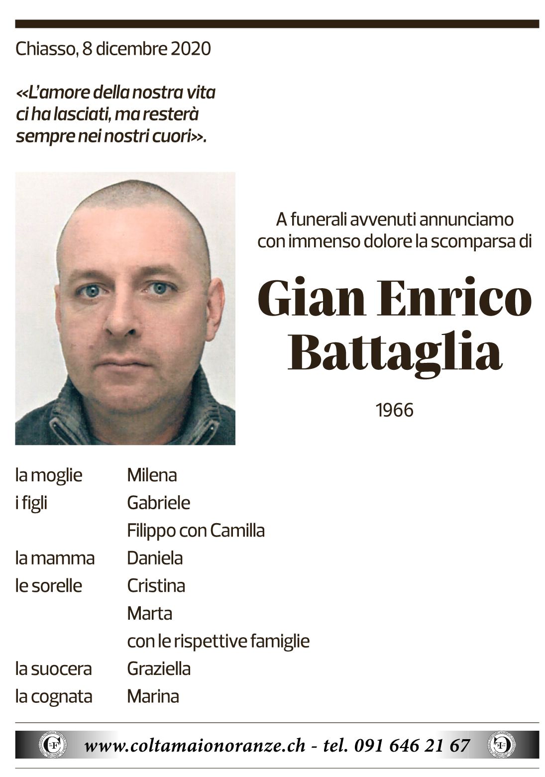 Annuncio funebre Gian Enrico Battaglia
