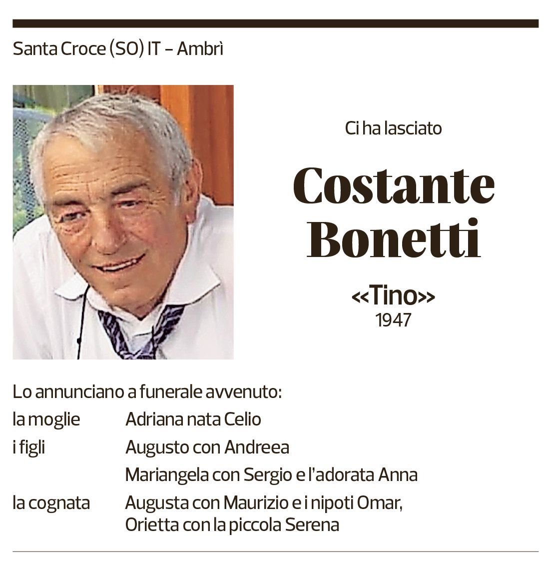 Annuncio funebre Costante Bonetti