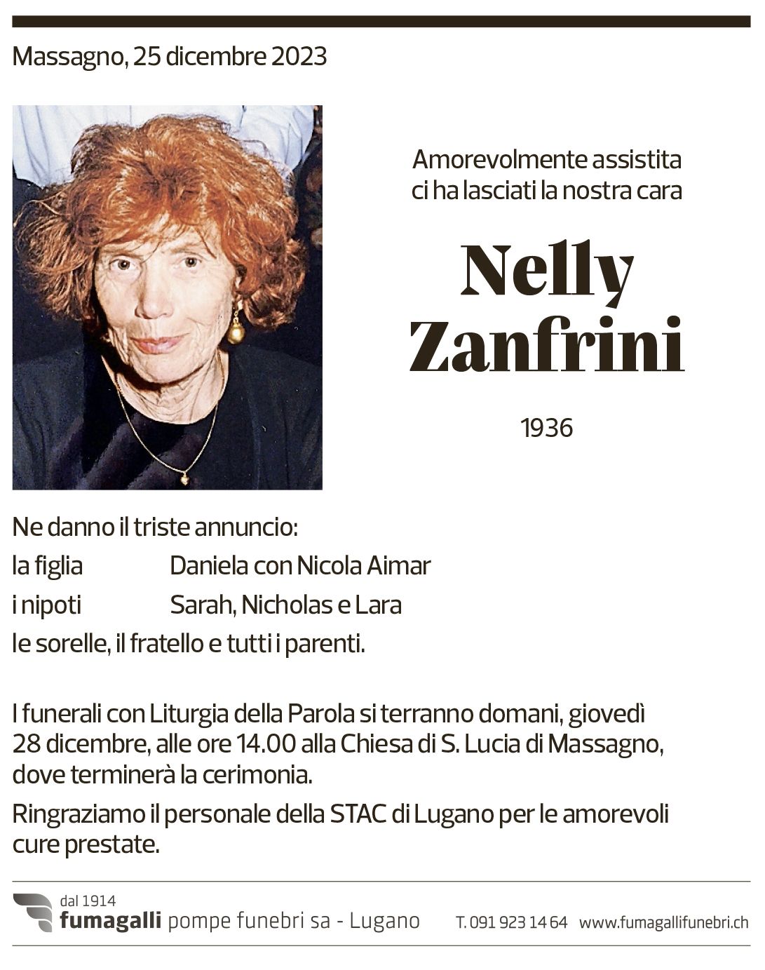 Annuncio funebre Nelly Zanfrini