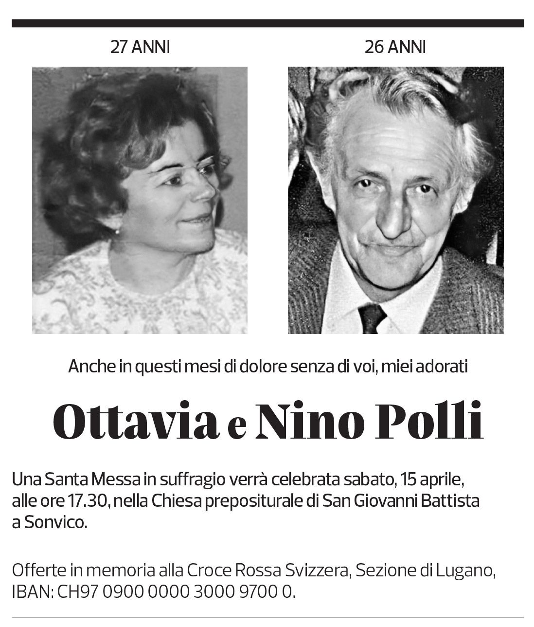 Annuncio funebre Ottavia Polli Nino Polli