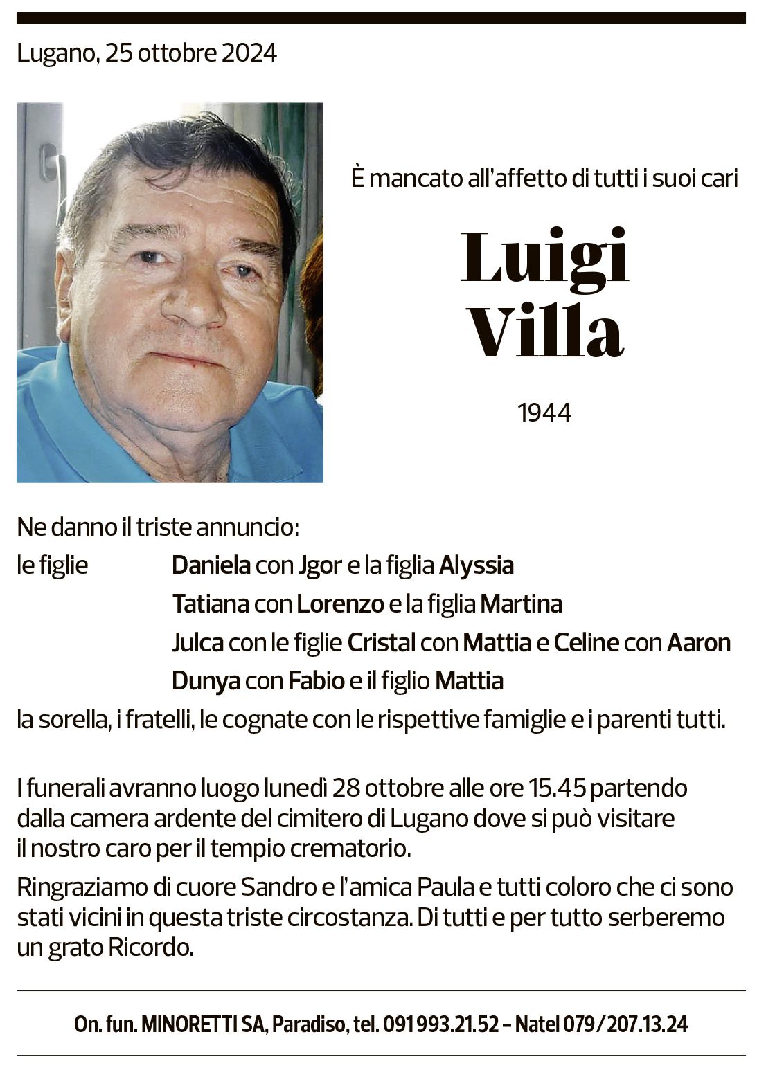 Annuncio funebre Luigi Villa