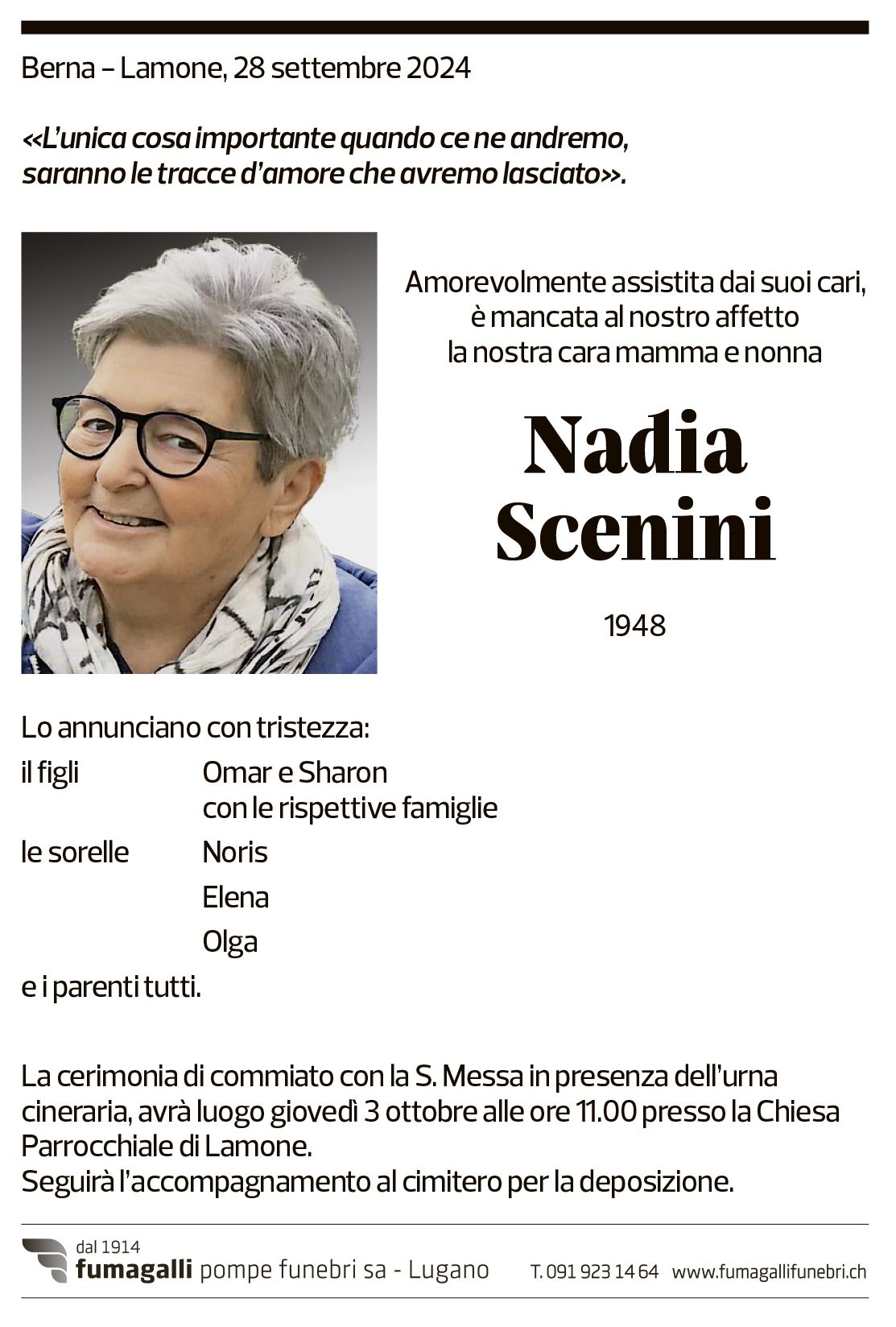 Annuncio funebre Nadia Scenini