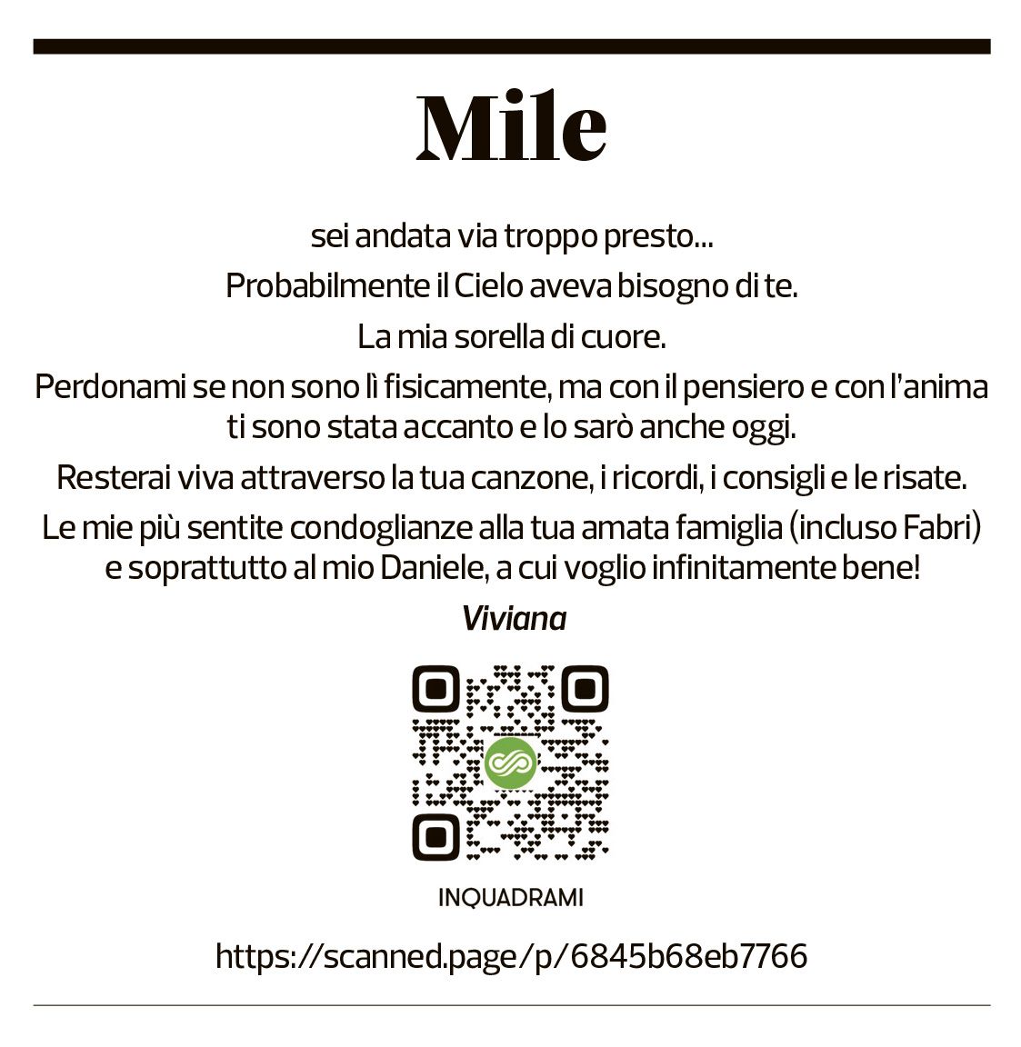 Annuncio funebre Milena Fenaroli